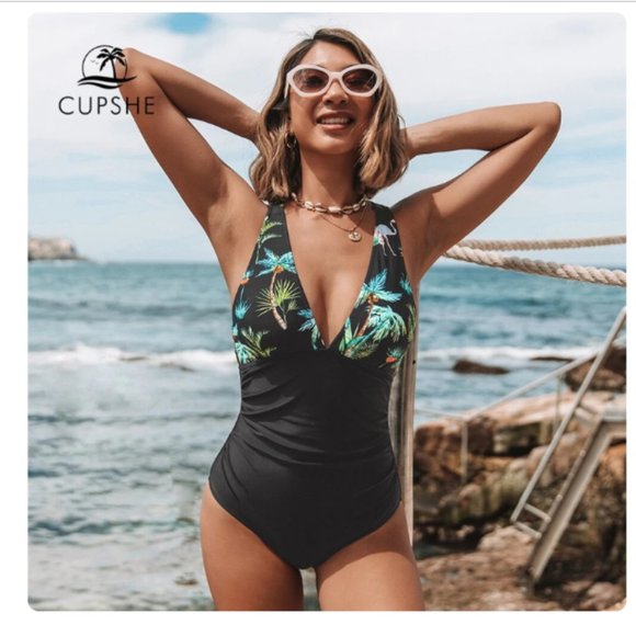 Cupshe Women's Black Floral One Piece Swimsuit Strappy XS NWT - Picture 1 of 10